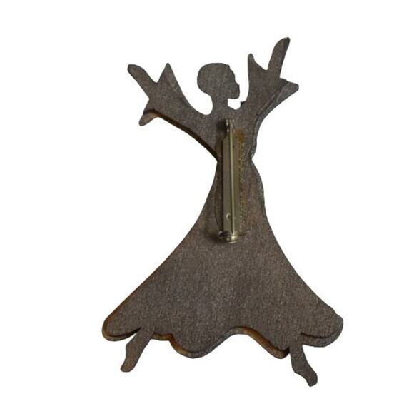 1990s Handcrafted & Painted Carved Wood Dancing Woman Lady Figural Pin Brooch - Picture 2 of 3